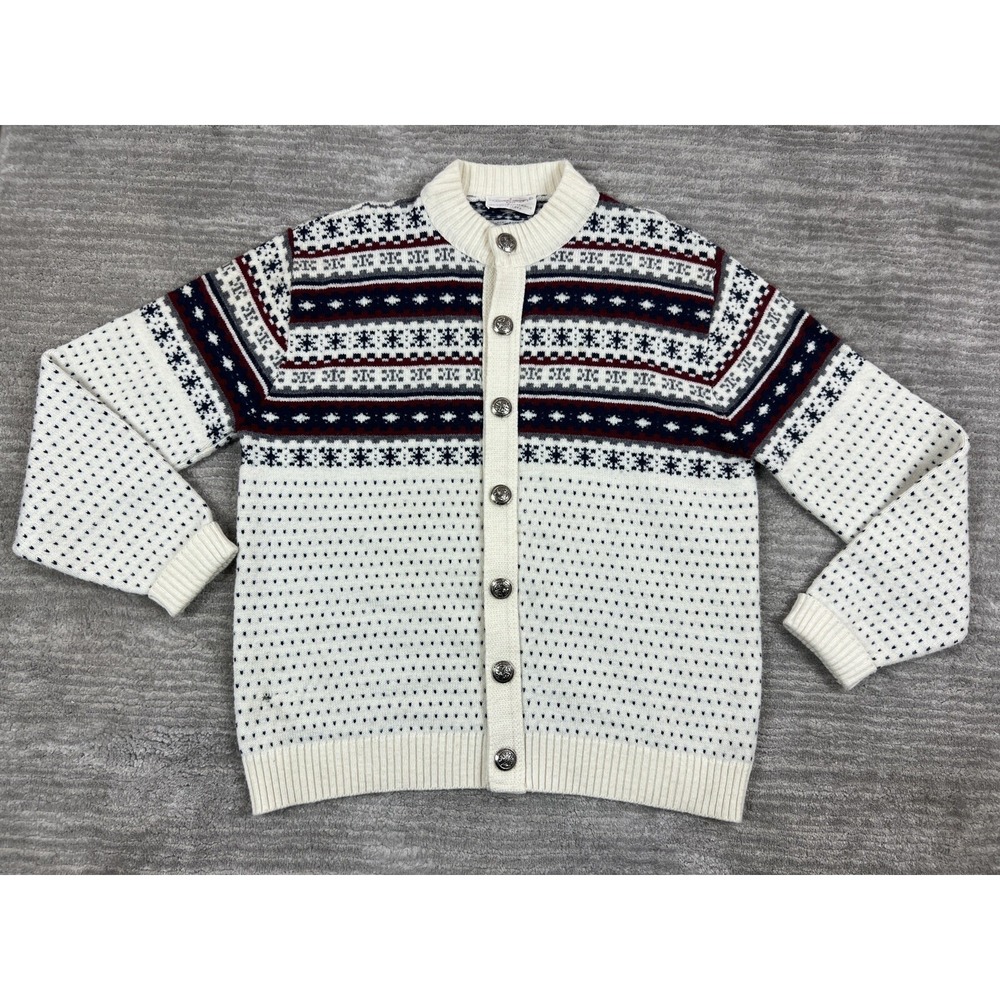 Lord Jeff Cardigan Mens XL White Nordic Fair Isle Wintuk Orlon Acrylic Vintage